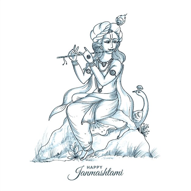 Desenhe à mão o senhor krishna no fundo do cartão do festival janmashtami feliz