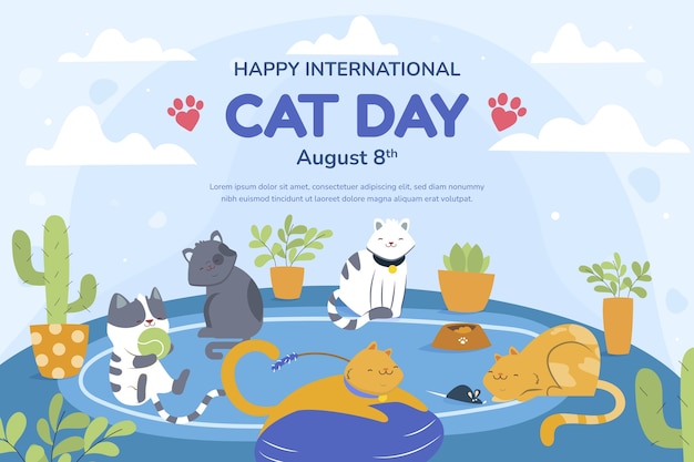 Vetor grátis dia internacional do gato fundo plano desenhado à mão