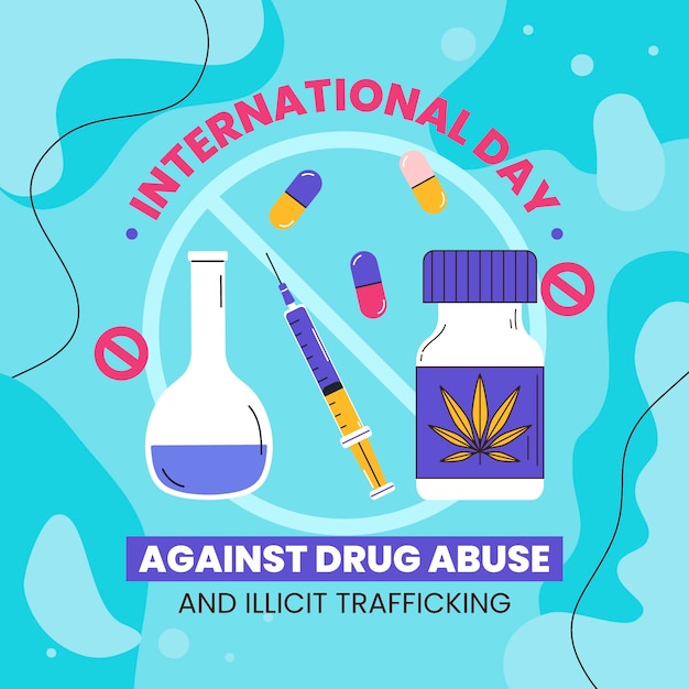 Dia internacional plano contra o abuso de drogas e ilustração de tráfico ilícito