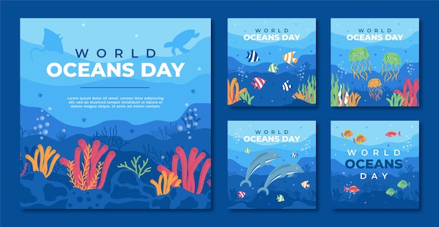 Dia mundial dos oceanos coleção de post de ig plana desenhada à mão