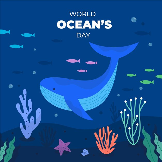 Dia mundial dos oceanos com baleias e peixes