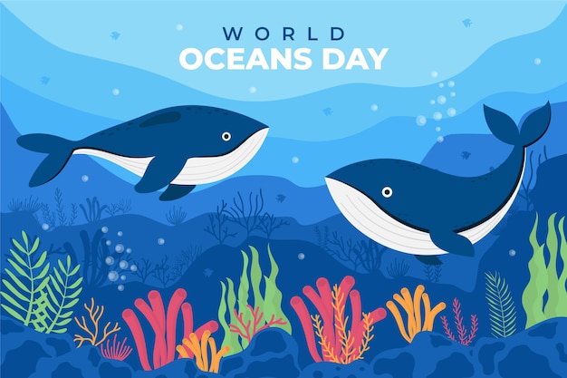 Dia mundial dos oceanos fundo plano desenhado à mão