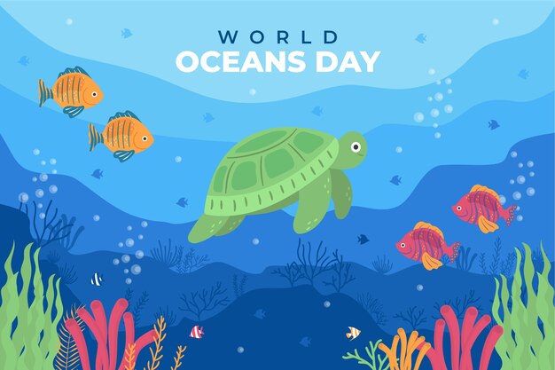 Dia mundial dos oceanos fundo plano desenhado à mão