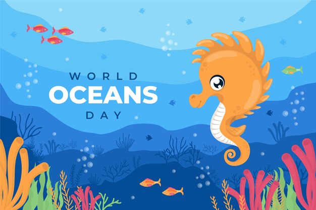 Dia mundial dos oceanos fundo plano desenhado à mão