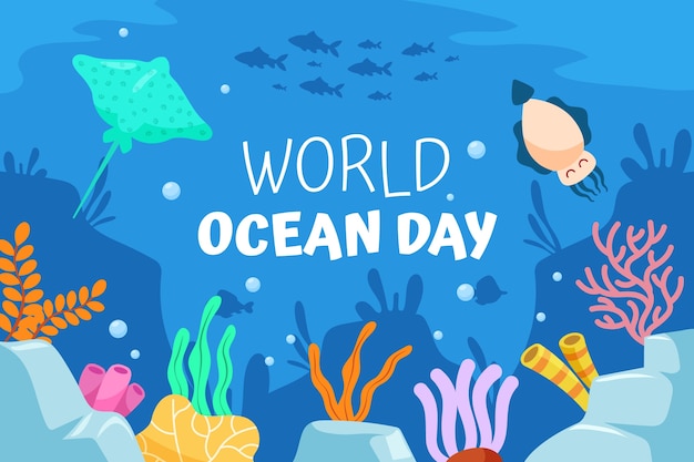 Dia mundial dos oceanos fundo plano desenhado à mão