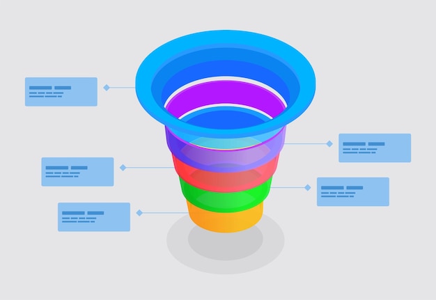 Vetor grátis diagrama colorido de funil vertical com modelo de infográficos de quatro segmentos para ilustração vetorial isométrica de apresentações de negócios