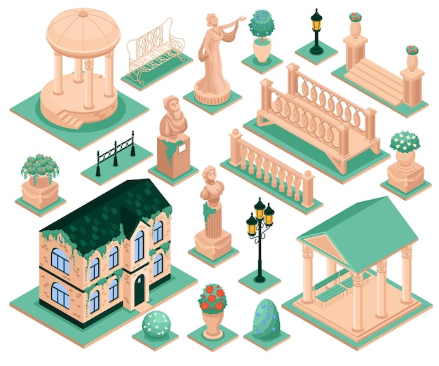 Vetor grátis elementos de jardim de casa de campo com ilustração vetorial isolada de escultura