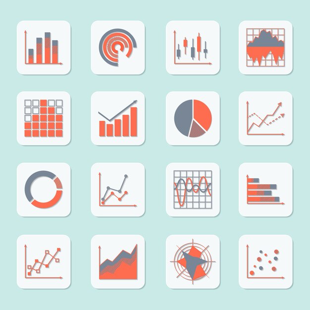 Elementos de negócios progresso crescimento tendências gráficos diagramas e gráficos ícones ajustados isolados