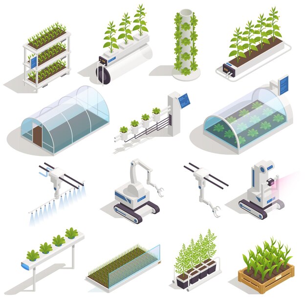 Elementos isométricos modernos de casa verde com hidroponia automatizada e cama de jardim inteligente aeropônica ilustração vetorial de assistente robótico