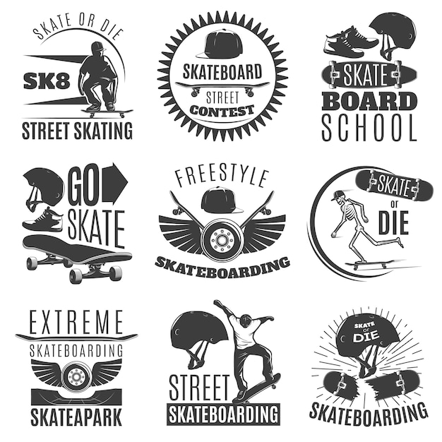 Vetor grátis emblema de skate ou rótulo definido com descrições de skate ou morrer de skate ilustração em vetor freestyle skate street freestyle