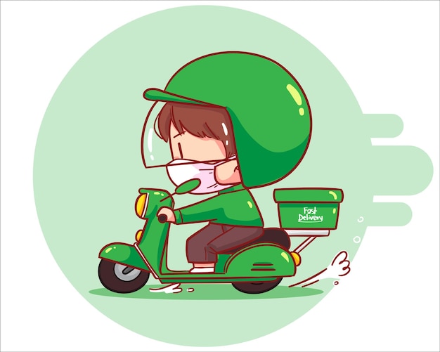 Vetor grátis entregador de comida bonito andando de motocicleta, desenho animado