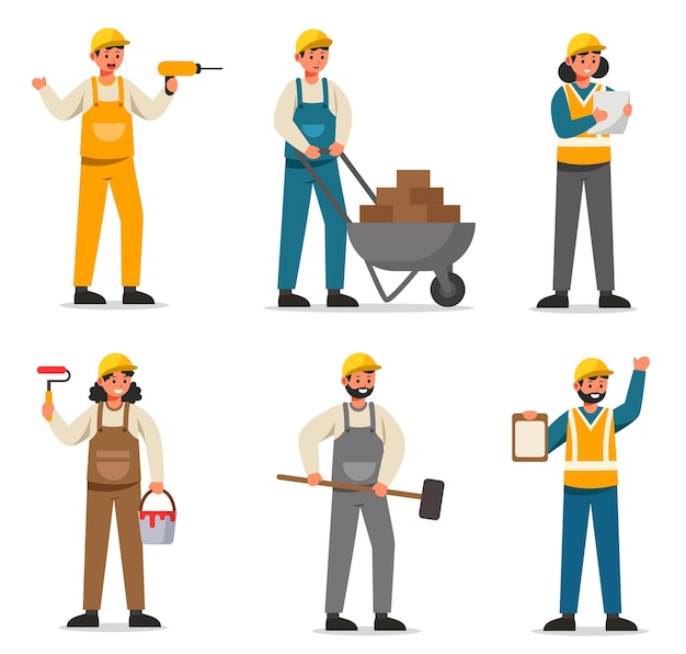 Vetor grátis equipe de construtores e trabalhadores industriais contratados juntos no local de trabalho. o capataz segura o plano de trabalho para ordenar aos trabalhadores que construam de acordo com o plano. ilustração em vetor plana