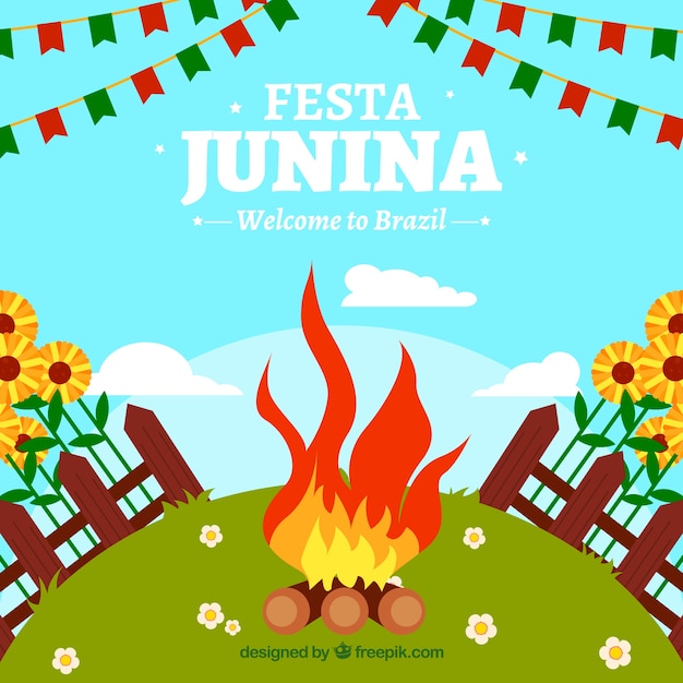 Vetor grátis festa junina fundo com fogo em uma paisagem