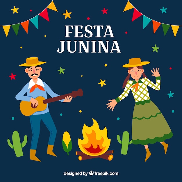 Vetor grátis festa junina fundo com pessoas dançando e tocando