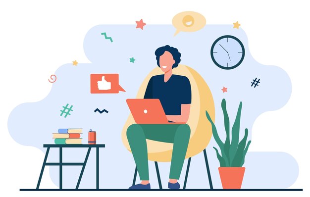 Freelancer feliz com o computador em casa. Jovem sentado na poltrona e usando o laptop, conversando online e sorrindo. Ilustração vetorial para trabalho à distância, aprendizagem online, freelance