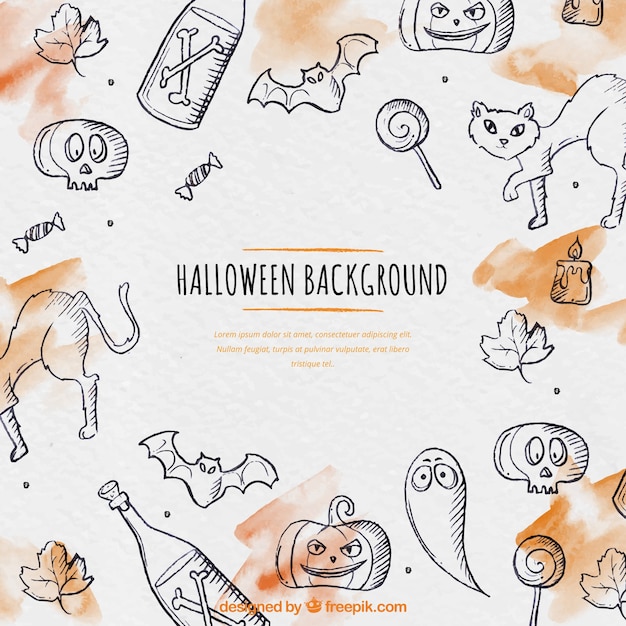 Vetor grátis fundo de aquarela com esboços de halloween