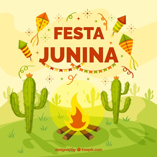 Fundo, de, festa, junina, com, fogueira, e, cacto