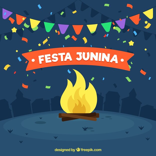 Fundo de festa junina com fogueira e confete