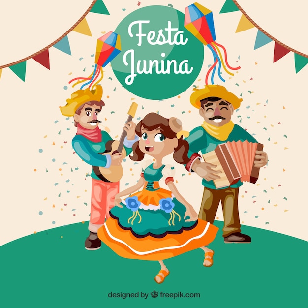 Vetor grátis fundo de festa junina com pessoas dançando e tocando