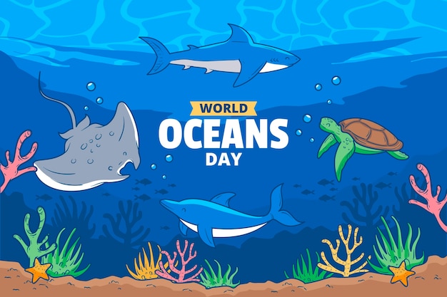 Vetor grátis fundo desenhado à mão para a celebração do dia mundial dos oceanos