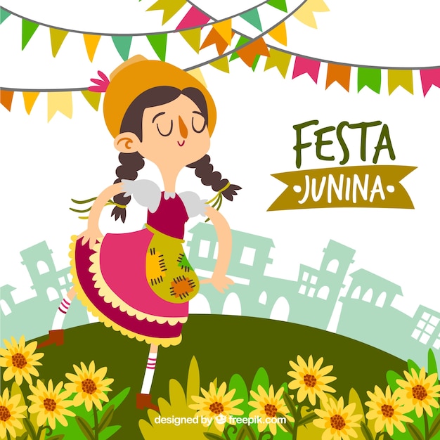 Vetor grátis fundo festa junina com mulher e flores