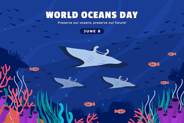 Vetor grátis fundo plano para celebração do dia mundial dos oceanos com vida oceânica