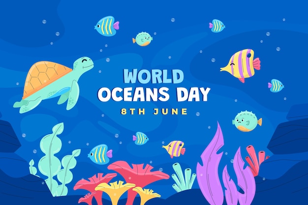 Vetor grátis fundo plano para celebração do dia mundial dos oceanos com vida oceânica