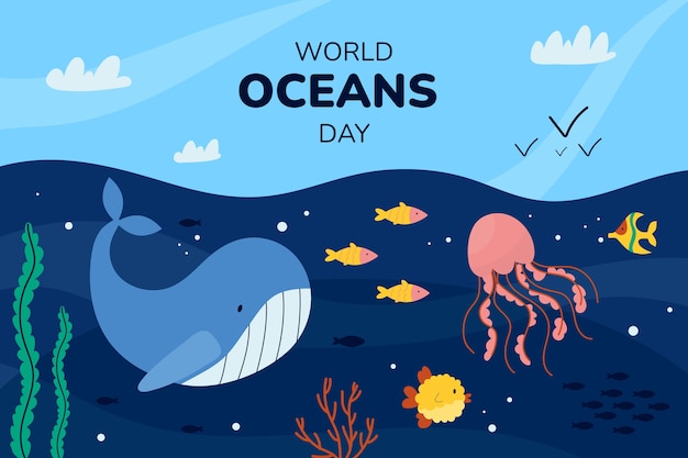 Vetor grátis fundo plano para celebração do dia mundial dos oceanos com vida oceânica