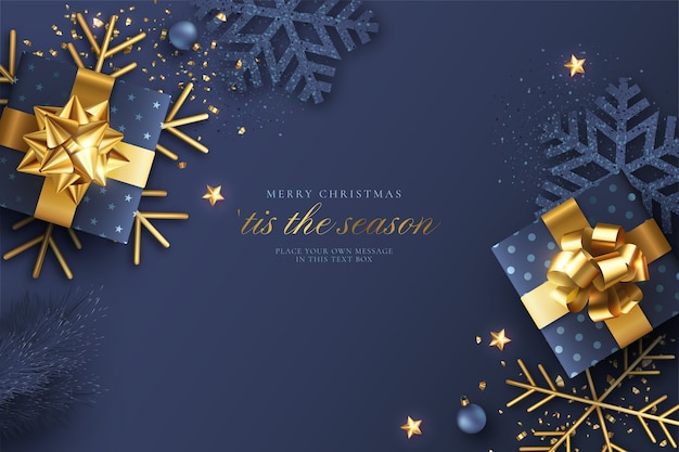 Fundo realístico de natal azul e dourado