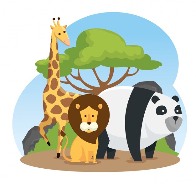 Girafa com animais selvagens de leão e panda