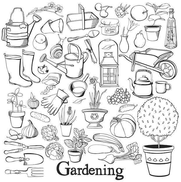 Ícone de linha de jardinagem Conjunto de doodle de desenho