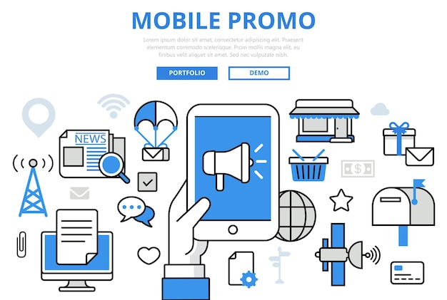 Vetor grátis Ícones de arte de linha plana de conceito de promoção de marketing digital de promoção móvel.