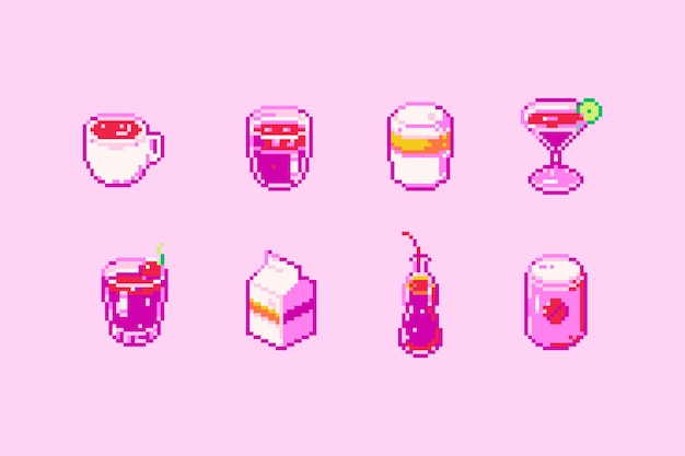 Ícones de bebidas em pixel art