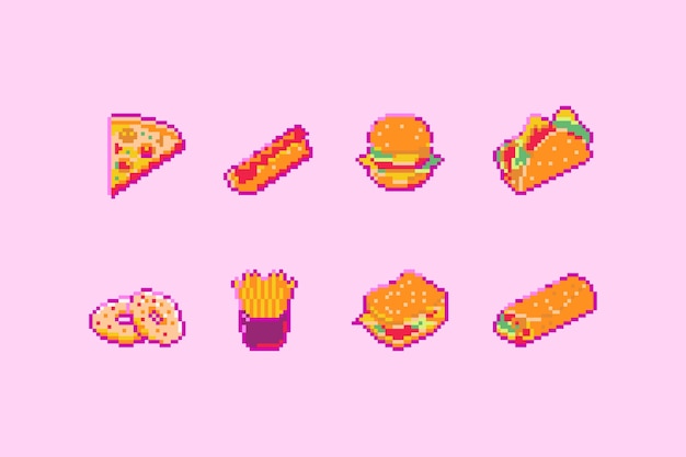 Ícones de fast food em pixel art