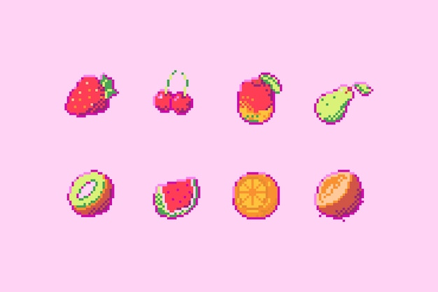 Ícones de frutas em pixel art