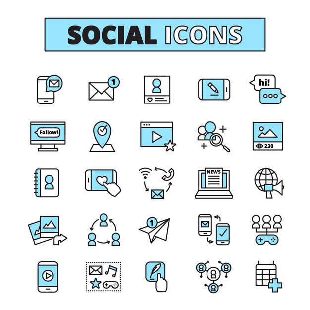 Ícones de linha de mídia social definida para comunicação de e-mail de comunidade de internet e compartilhamento de rede de grupo isolado