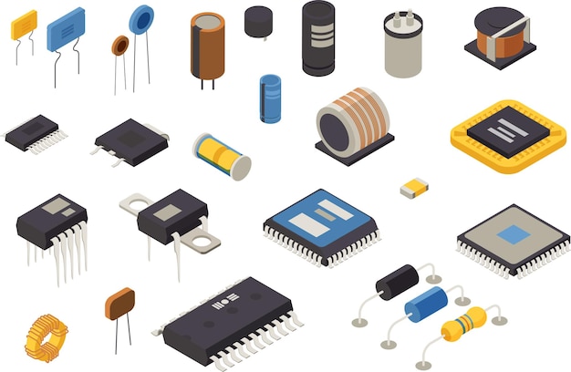 Vetor grátis ícones de produção de elementos semicondutores definidos com ilustração vetorial isométrica de símbolos de tecnologia