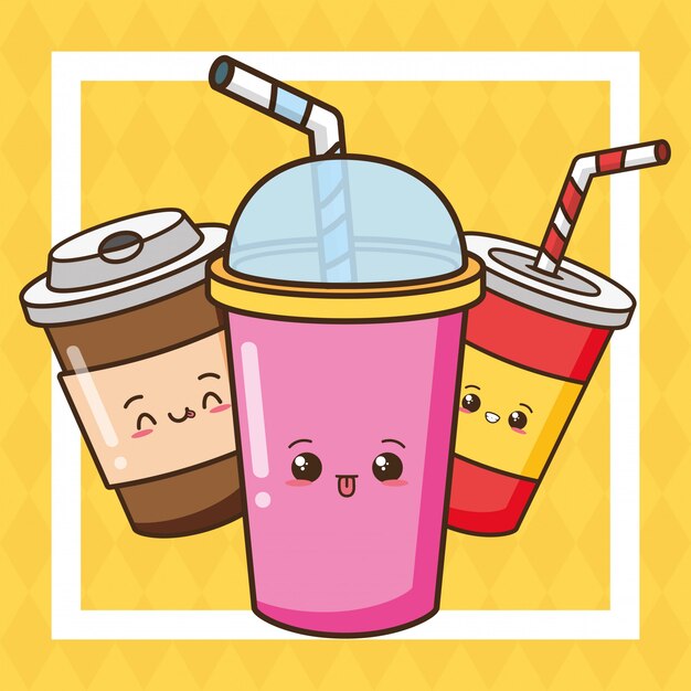 Ilustração de bebidas cute kawaii fast-food