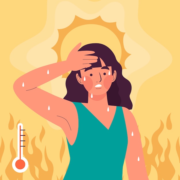 Ilustração de calor de verão plana com mulher e termômetro