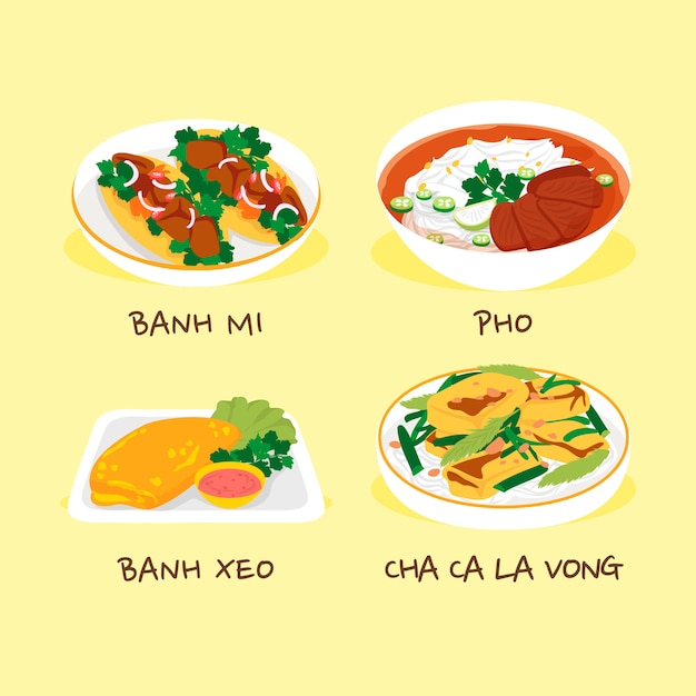 Ilustração de comida vietnamita de design plano desenhado à mão