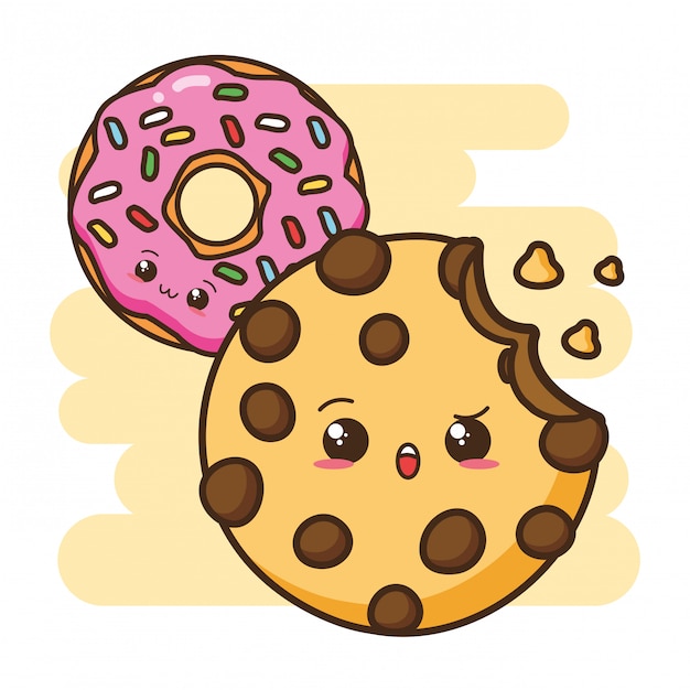 Ilustração de cookie e donut de fast-food kawaii