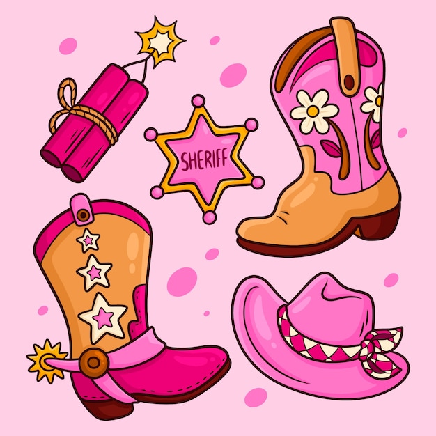 Vetor grátis ilustração de desenho animado de botas de cowgirl desenhada à mão