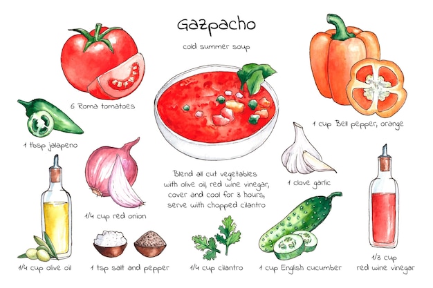 Vetor grátis ilustração de gaspacho de receita em aquarela