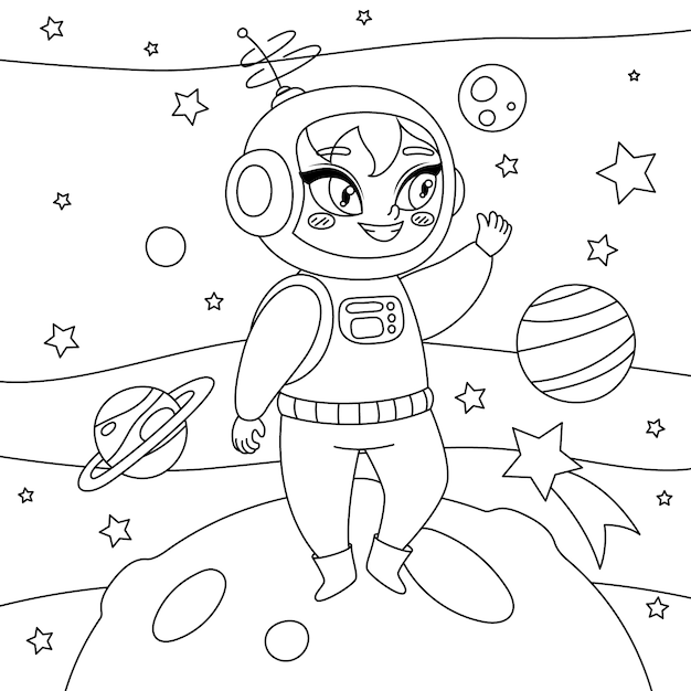 Vetor grátis ilustração de livro para colorir de astronauta desenhada de mão