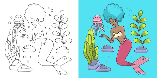 Vetor grátis ilustração de livro para colorir de sereia desenhada de mão