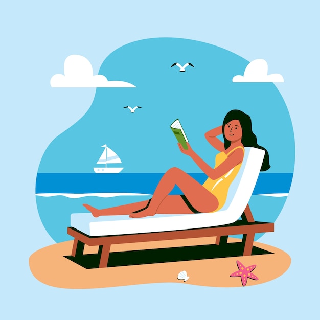 Vetor grátis ilustração de livros de leitura de verão plana com mulher na cadeira de praia