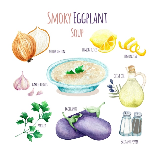 Vetor grátis ilustração de receita de sopa de berinjela defumado saudável