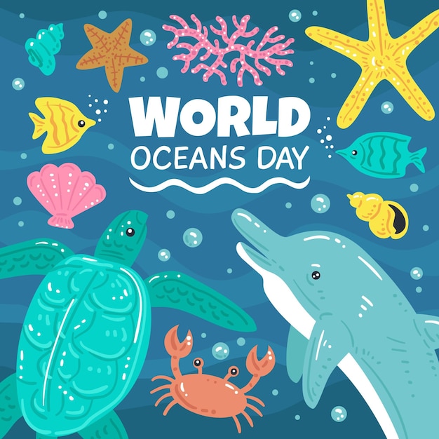 Vetor grátis ilustração desenhada à mão para o dia mundial dos oceanos