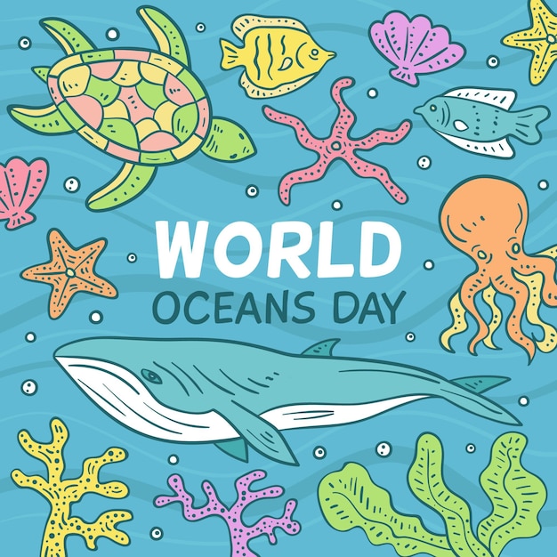 Vetor grátis ilustração desenhada à mão para o dia mundial dos oceanos