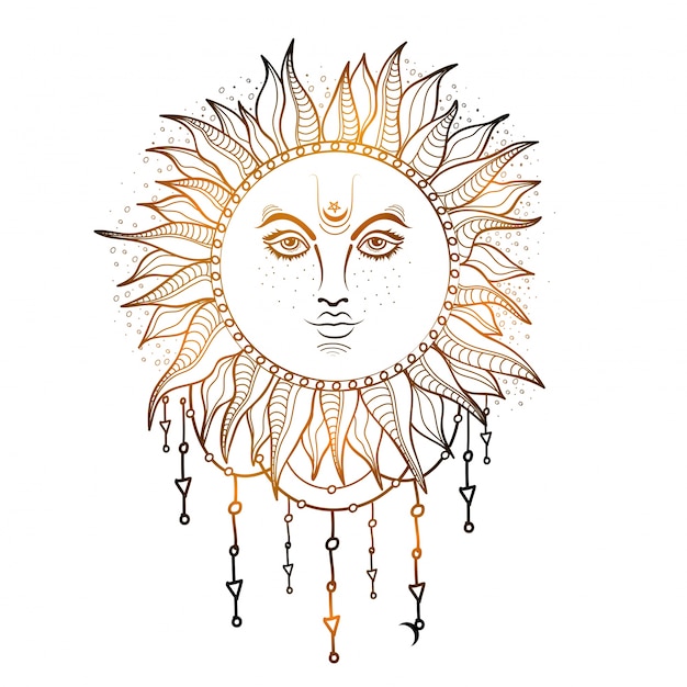 Ilustração desenhada mão do Sun brilhante, elemento criativo do estilo boho.